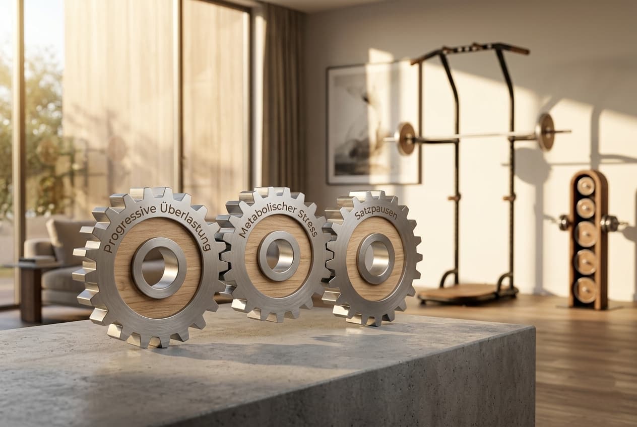 Drei ineinandergreifende Zahnräder aus Metall und Holz mit der Aufschrift Progressive Überlastung, Metabolischer Stress und Satzpausen auf einem Betonblock, im Hintergrund ein modernes Home-Gym mit Holz-Kraftstation.