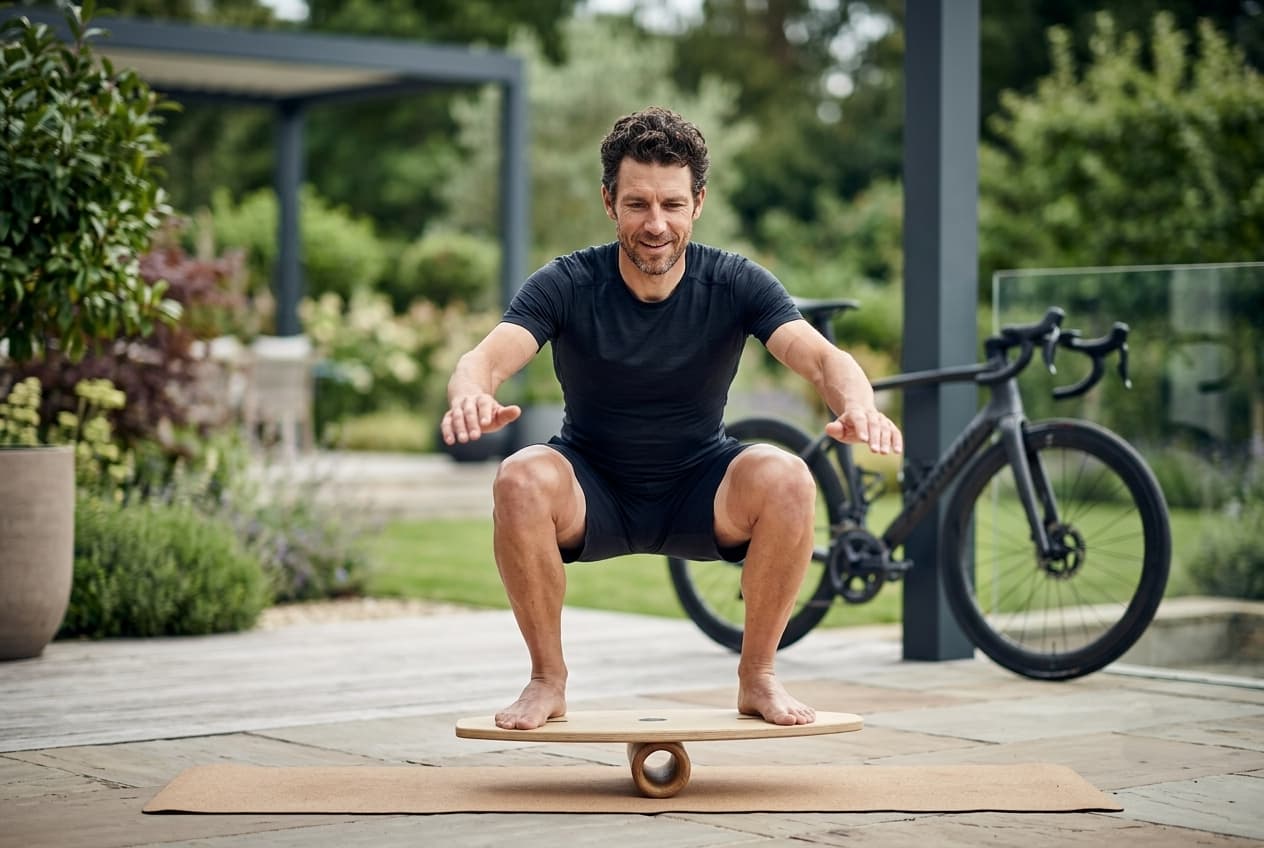 Athlet beim Training auf einem Rollholz Balance Board in einer kontrollierten Squat-Position auf einer Terrasse, im Hintergrund ein unscharfes Rennrad zur Symbolisierung von Stabilitätstraining für Radsportler.