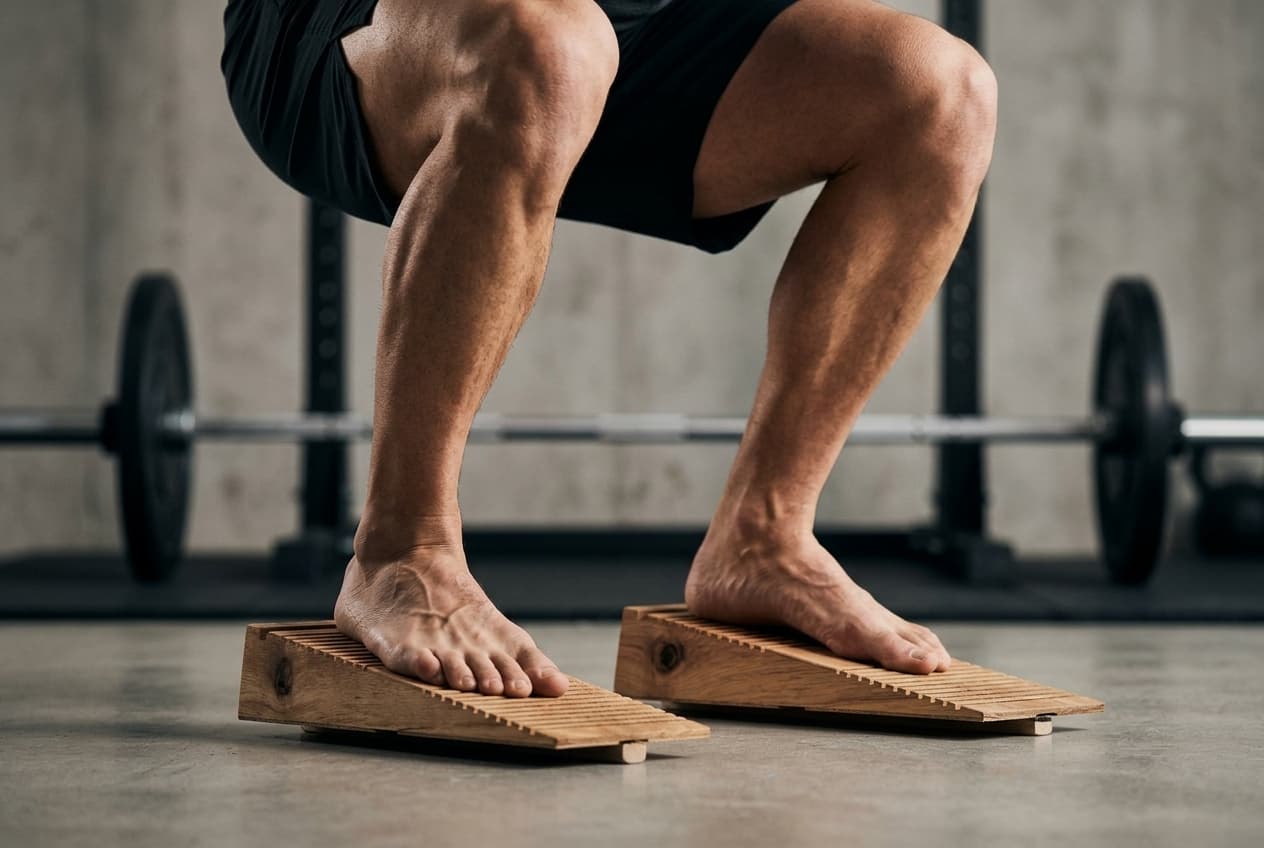 Athlet führt eine tiefe Kniebeuge barfuß auf zwei rollholz Balance-Keilen aus Holz im Home-Gym aus, Fokus auf Fußstabilität und Beinachse.