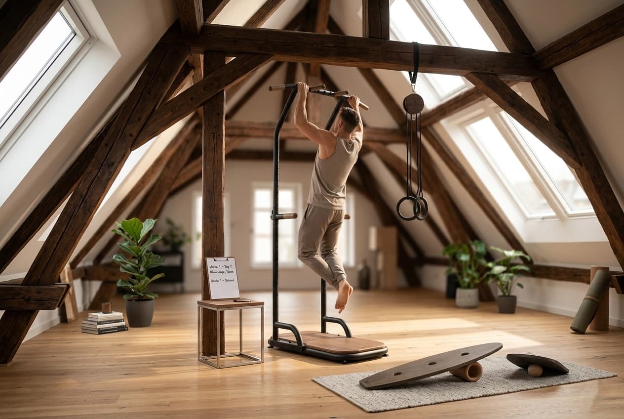 Athlet trainiert an einer rollholz Base aus Walnuss im modernen Loft-Homegym. Daneben hängen Schlingentrainer und Balance Boards liegt am Boden.