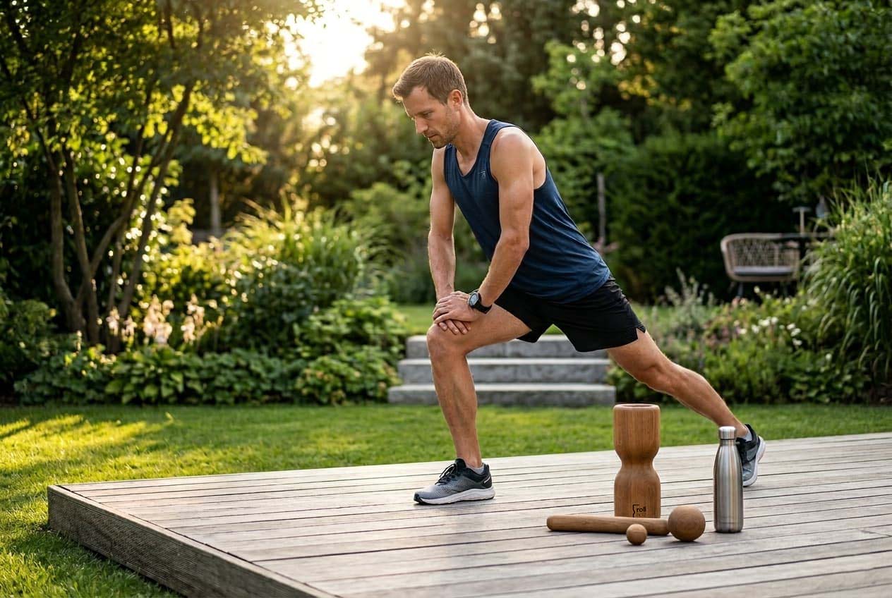 Ein sportlicher Mann im Tanktop dehnt seine Beine auf einer Holzterrasse im Garten bei Abendlicht. Im Vordergrund liegt ein Set aus hölzernen Faszienrollen und einer Edelstahl-Trinkflasche.