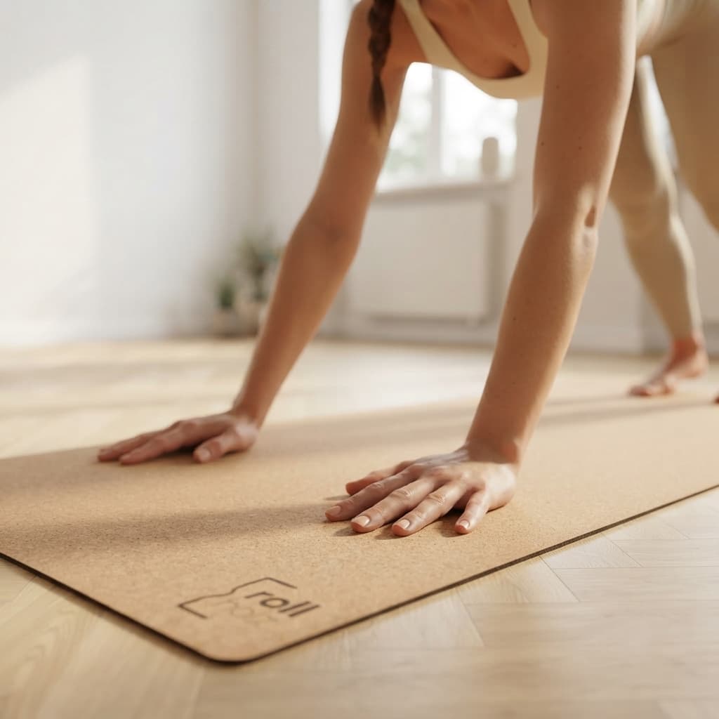 Nahaufnahme der Hände auf einer Kork-Yogamatte mit rutschfester Naturkork-Oberfläche.