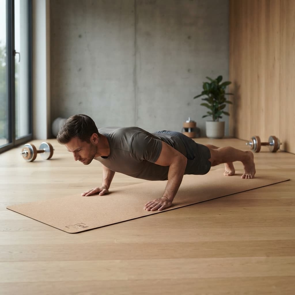 Sportlicher Mann macht Liegestütze auf einer Kork-Yogamatte im modernen Home-Gym.