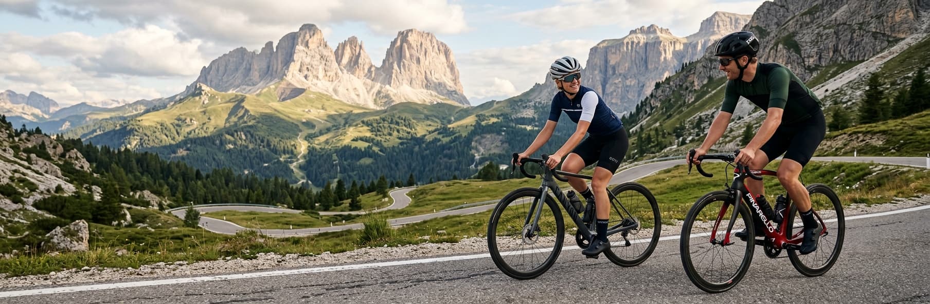 Eine Frau und ein Mann fahren gemeinsam mit ihren Rennrädern auf einer kurvigen Passstraße in den italienischen Dolomiten.