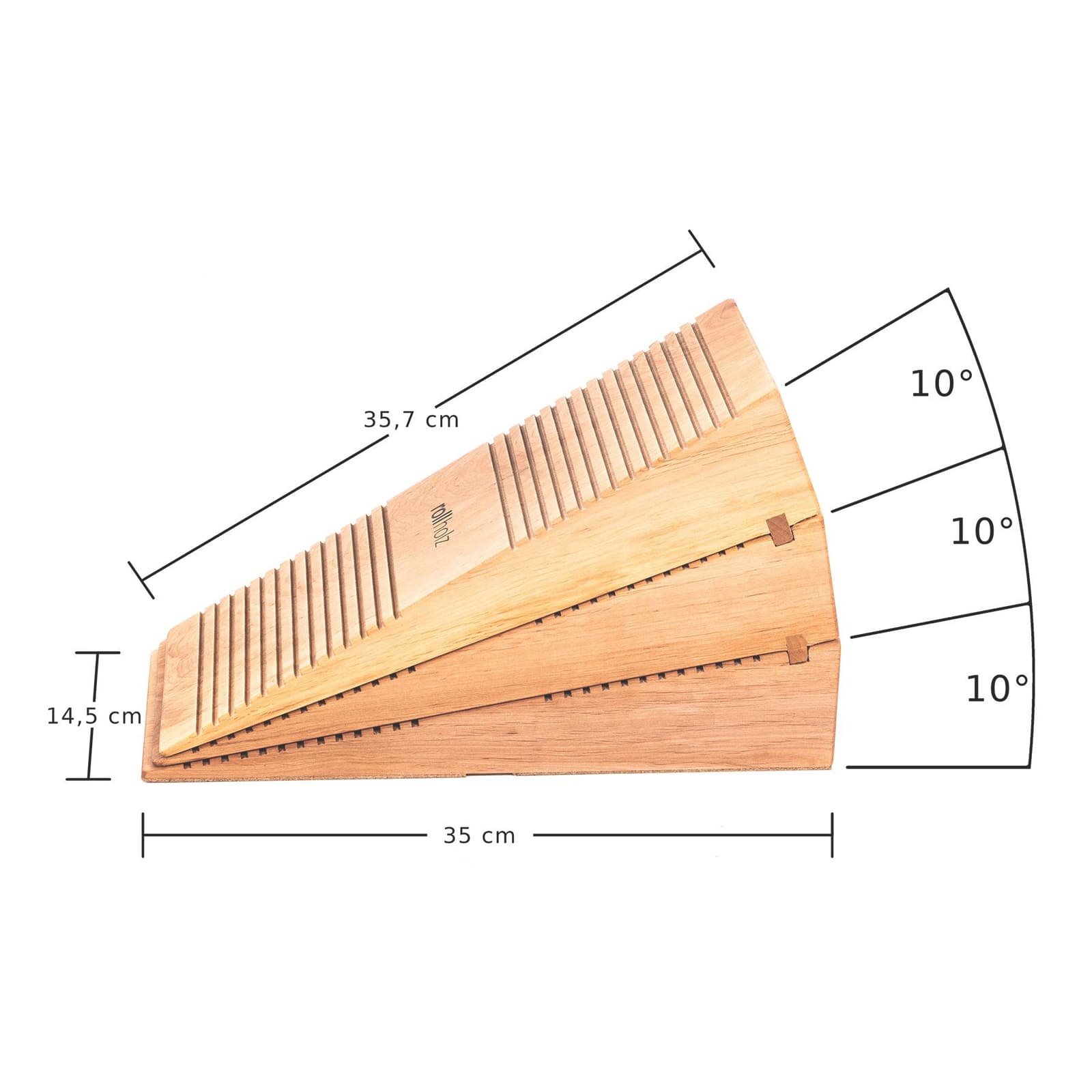 Technische Infografik der rollholz Dehnkeile aus Holz mit genauen Abmessungen von 35 cm Länge, 35,7 cm Steigung, 14,5 cm Höhe und einer modularen Winkeleinteilung von dreimal 10 Grad.