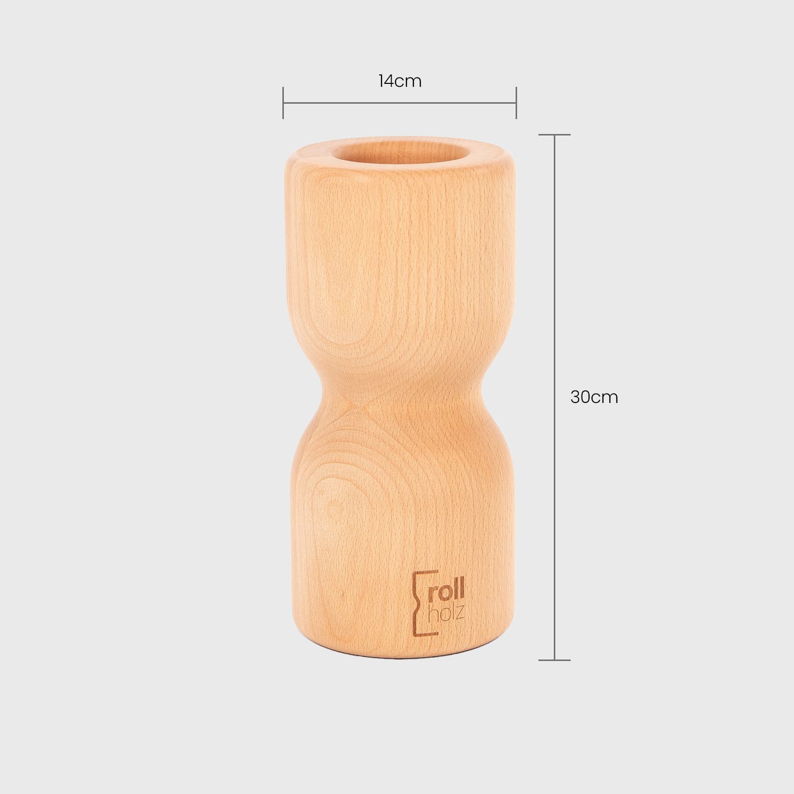 Eine technische Infografik der rollholz Faszienrolle aus hellem Buchenholz auf grauem Hintergrund mit den präzisen Maßangaben: Höhe 30cm und Durchmesser 14cm.