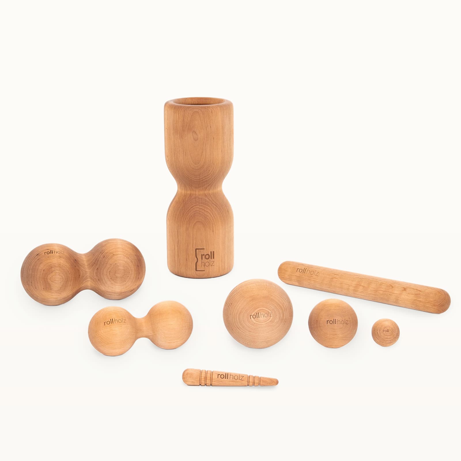 #Holz_Erle Großes rollholz Faszien-Set aus Erlenholz, weichere Haptik für eine sanfte und effektive Massage des Bindegewebes.