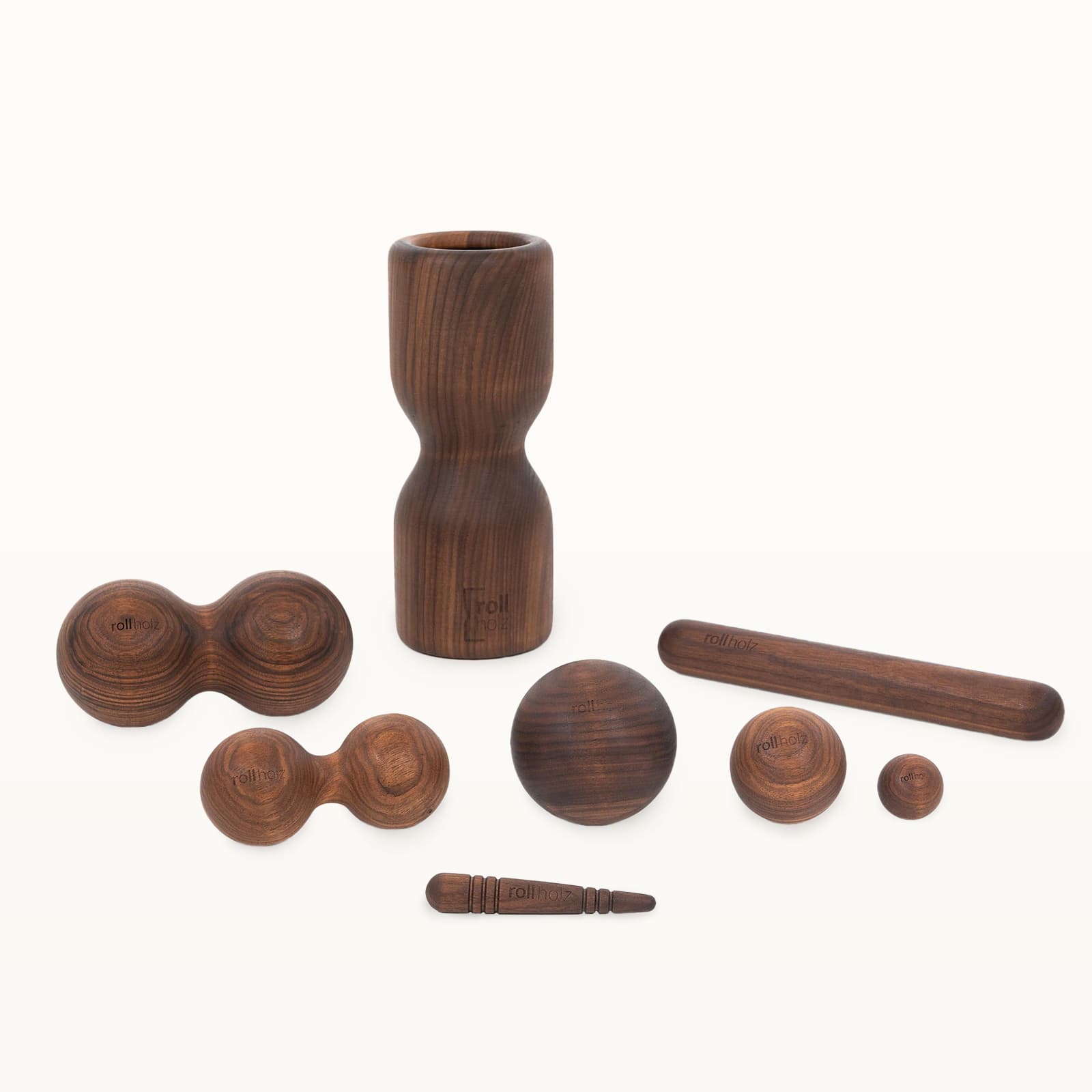 #Holz_Walnuss Großes rollholz Faszien-Set aus edlem Walnussholz, inklusive großer Rolle, kleiner Rolle, Massagebällen, Duobällen und Triggerstab.