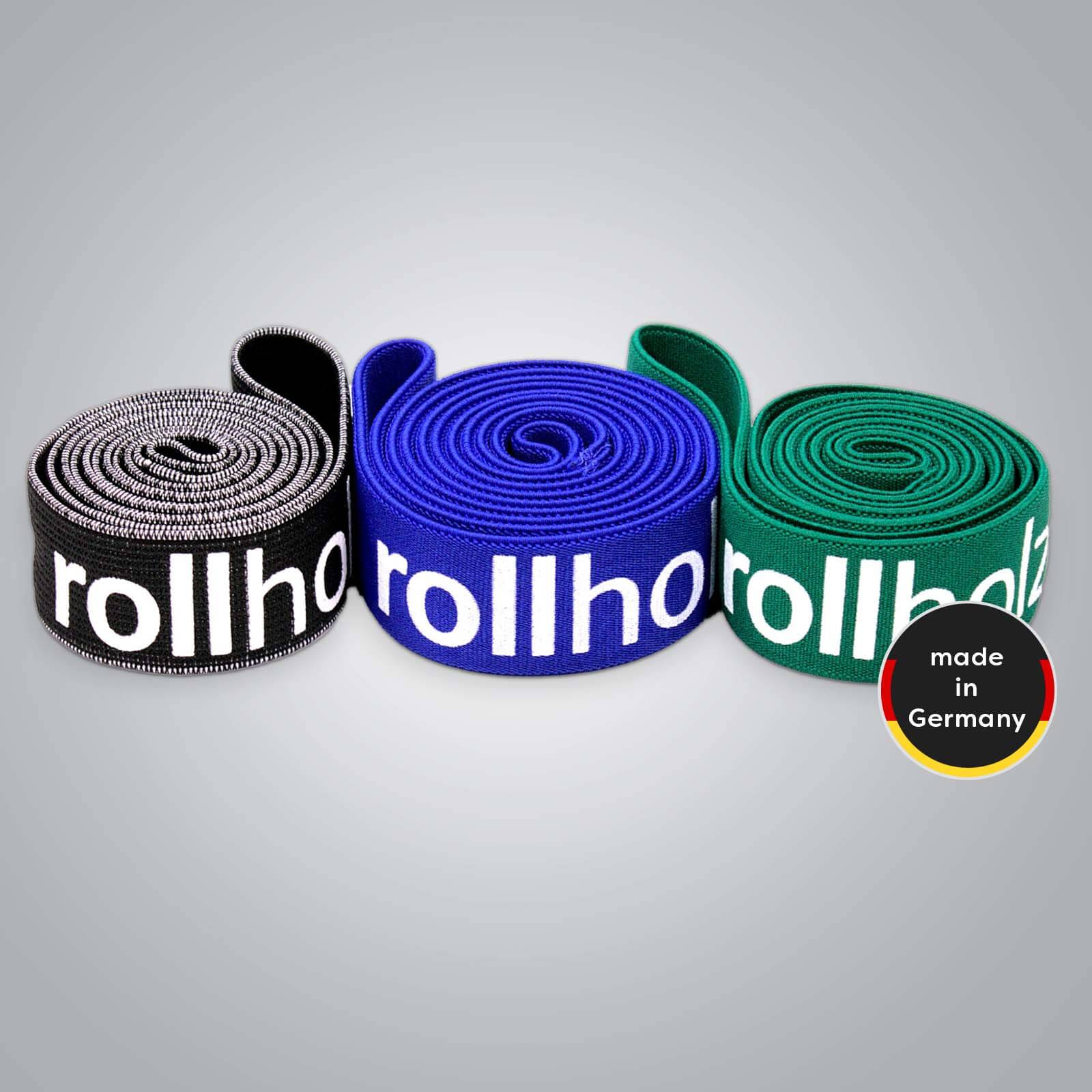 Rollholz Widerstandsbänder Set in verschiedenen Stärken, hergestellt in Deutschland, für Krafttraining, Mobility und Physiotherapie.