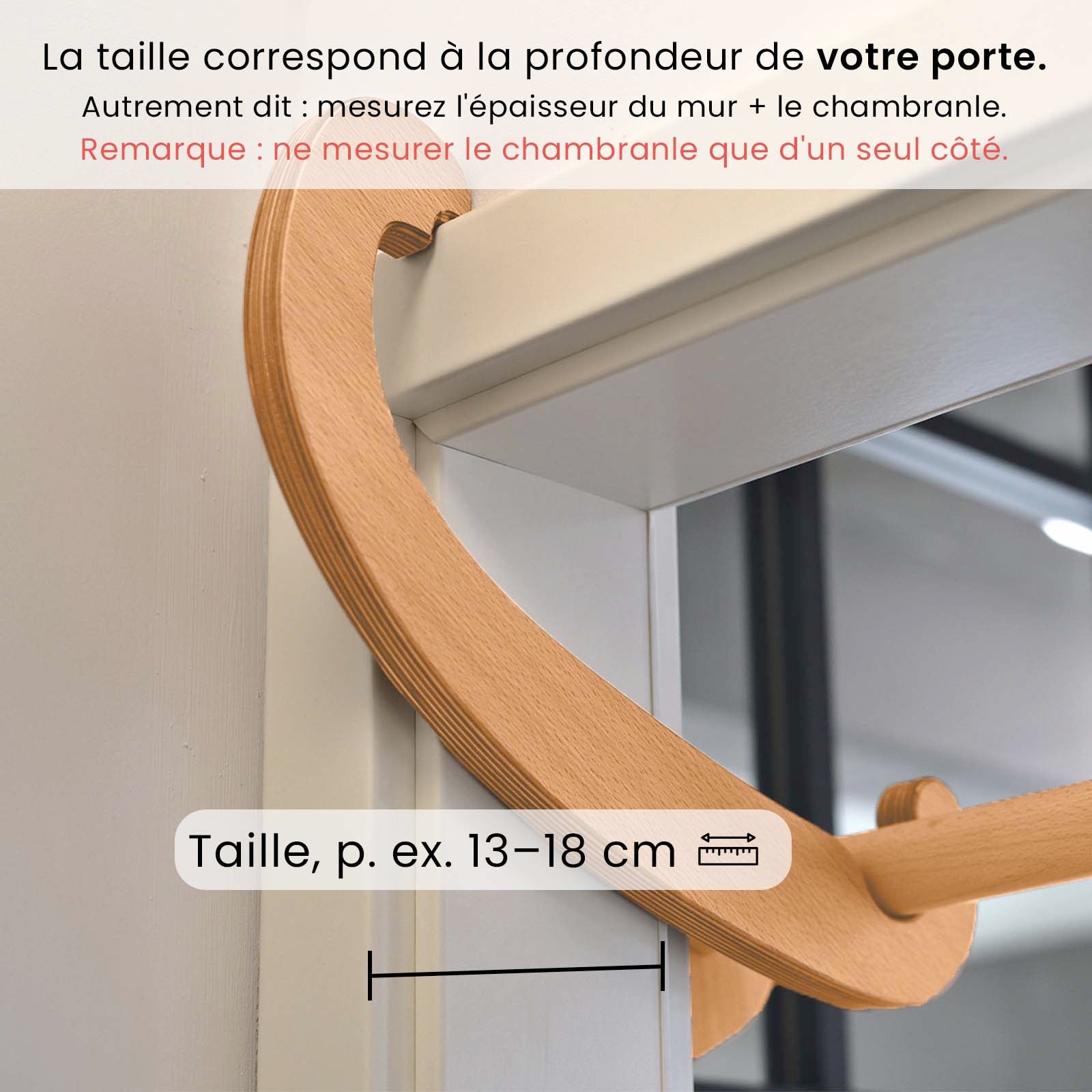 Infographie de la barre de traction rollholz avec un guide illustré pour mesurer la profondeur de la porte (épaisseur du mur et chambranle) afin de choisir la bonne taille.