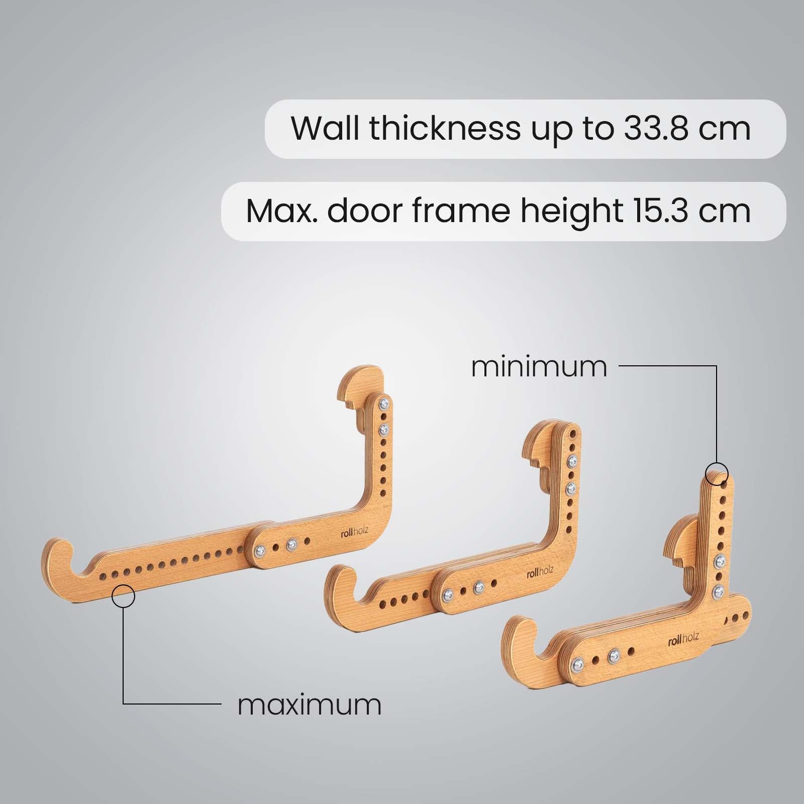 Adjustable pull-up bar brackets for door frames, suitable for wall thicknesses up to 33.8 cm and frame heights up to 15.3 cm.