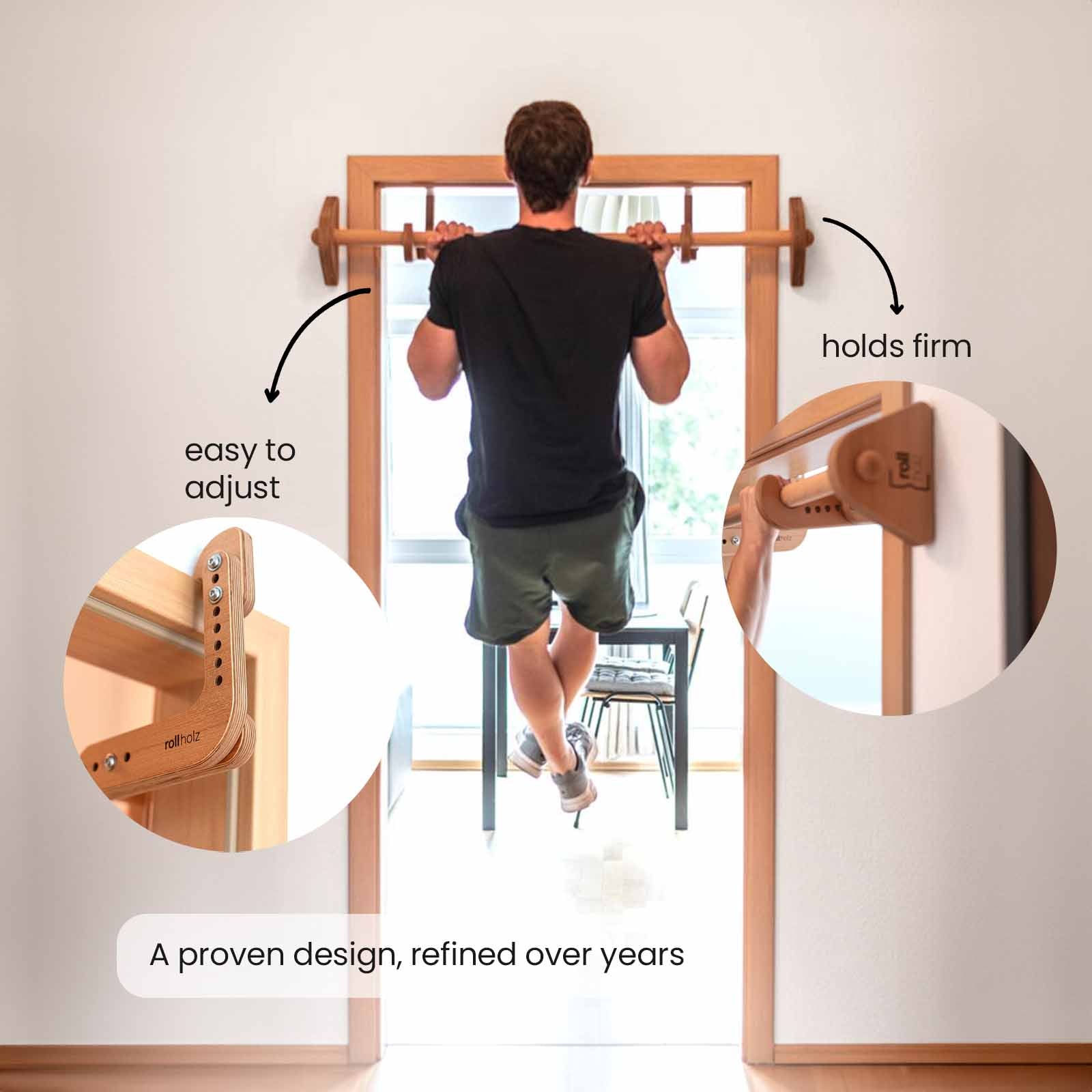 Wooden pull-up bar mounted securely in a door frame with adjustable support system.