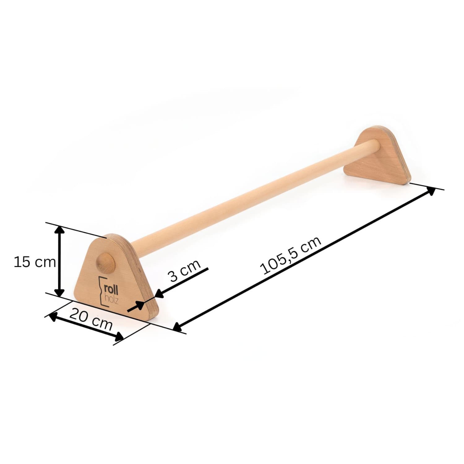 rollholz Klimmzugstange mit den Maßen beschriftet, Länge 105,5, Breite 20, Höhe 15 cm.