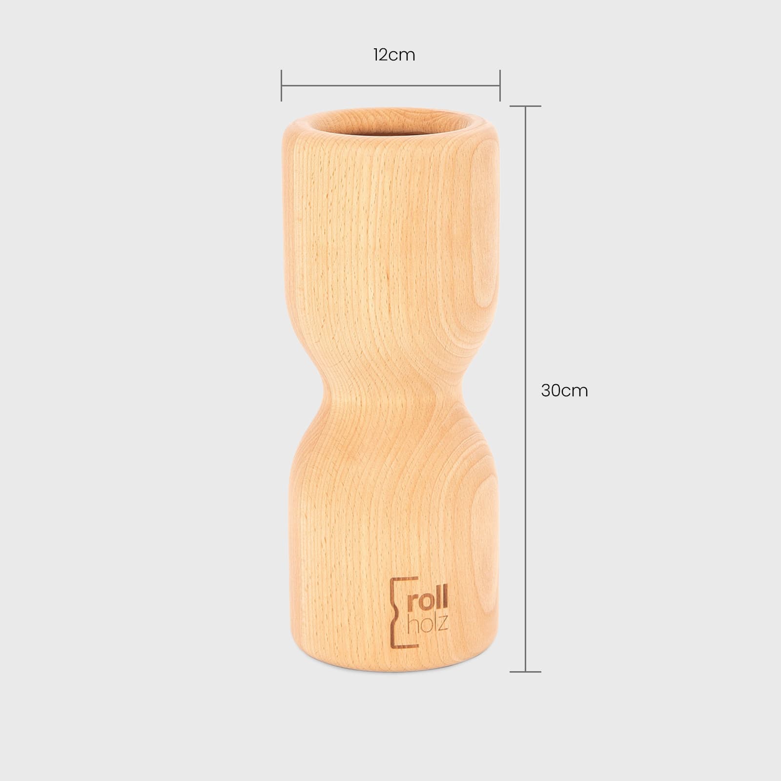 Technische Infografik der rollholz Pro Faszienrolle aus Buchenholz auf grauem Hintergrund mit den Maßangaben: Länge 30cm und Durchmesser 12cm.