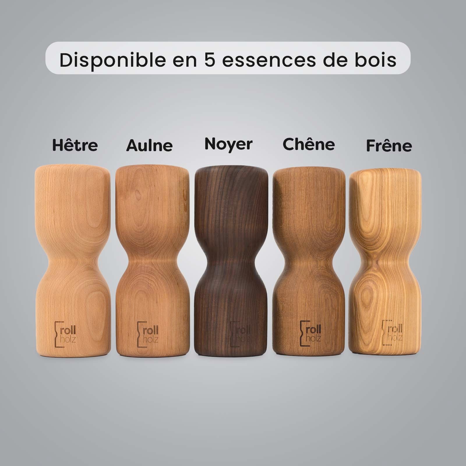 Rouleau de massage Rollholz Pro disponible en cinq essences de bois : hêtre, aulne, noyer, chêne et frêne.