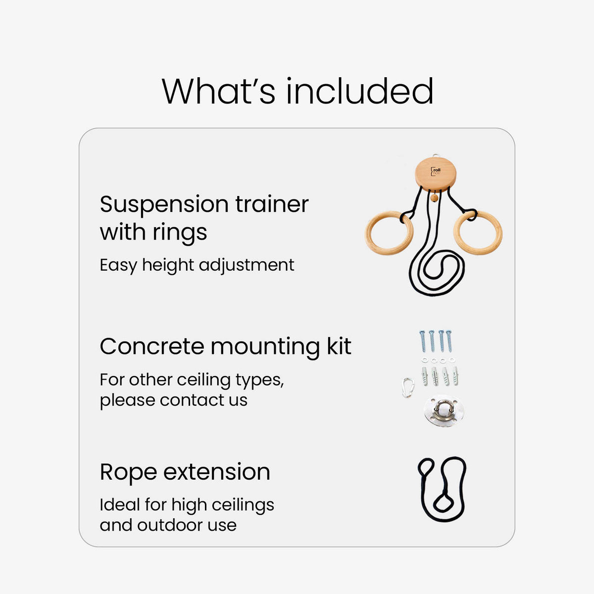Suspension trainer set with wooden rings, concrete mounting kit and rope extension.