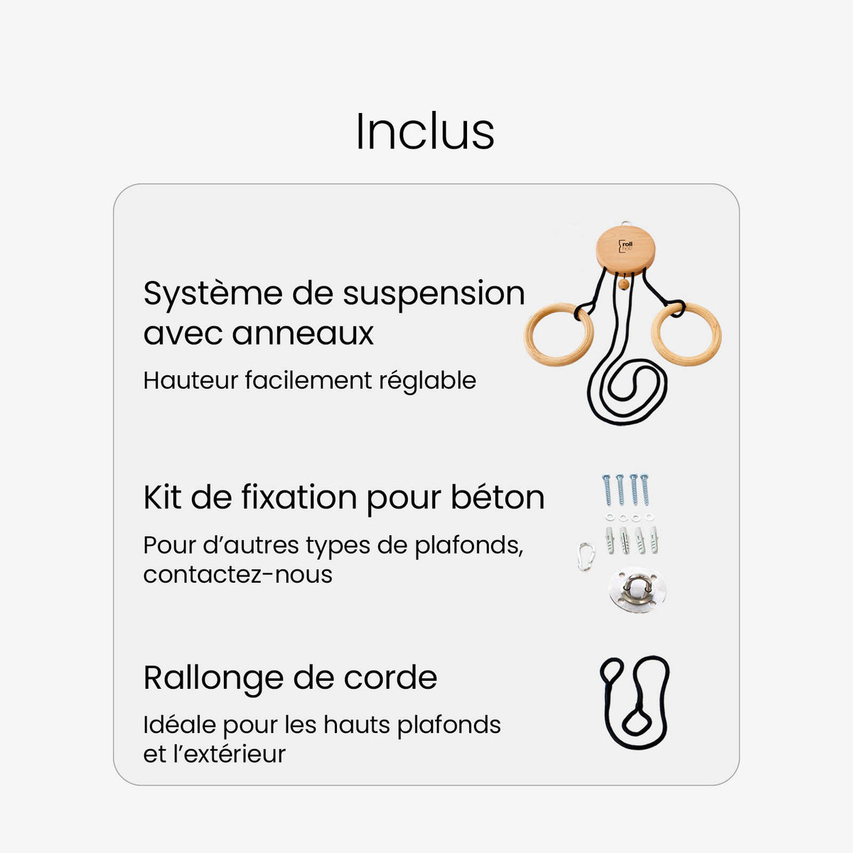 Système de suspension avec anneaux en bois, kit de fixation pour béton et rallonge de corde