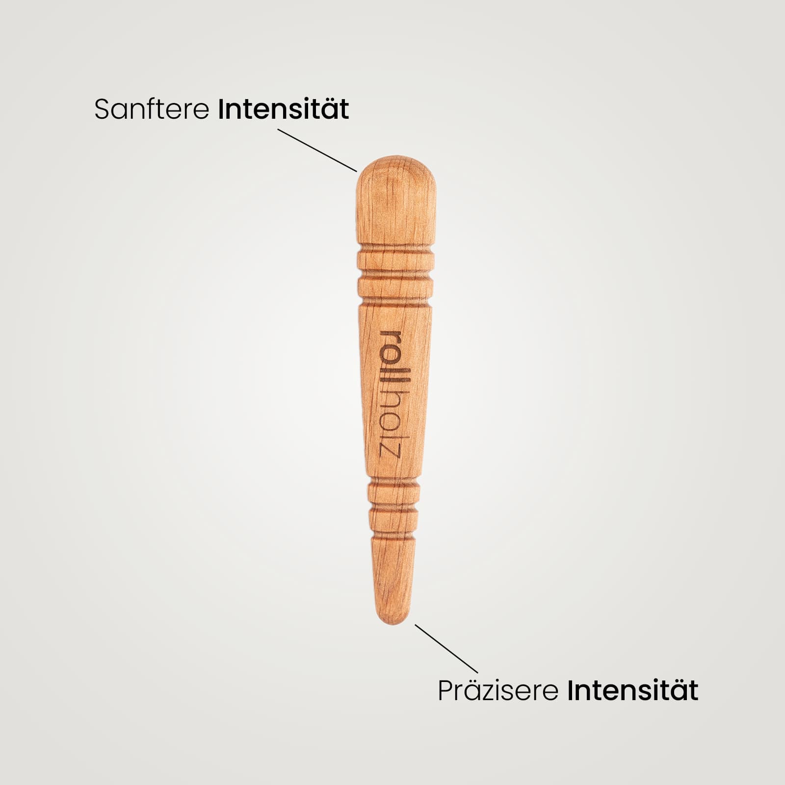 Infografik des rollholz Triggerstifts aus Holz mit Erklärungen zu den zwei Enden für sanftere Intensität und präzisere Intensität bei der Triggerpunktmassage.