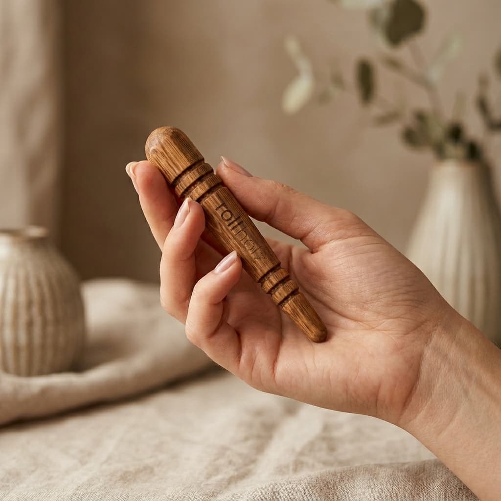 Triggerstift aus hochwertigem Holz liegt in einer Frauenhand und zeigt die natürliche Holzmaserung