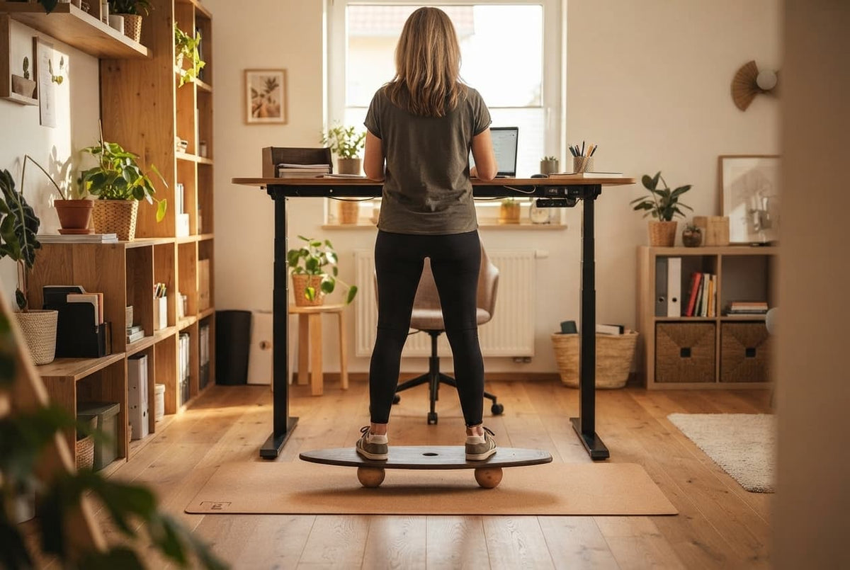 Frau arbeitet im Stehen an einem höhenverstellbaren Schreibtisch und steht dabei auf einem 80 cm langen Balance Board mit zwei kleinen Holzkugeln in einem modernen Homeoffice.