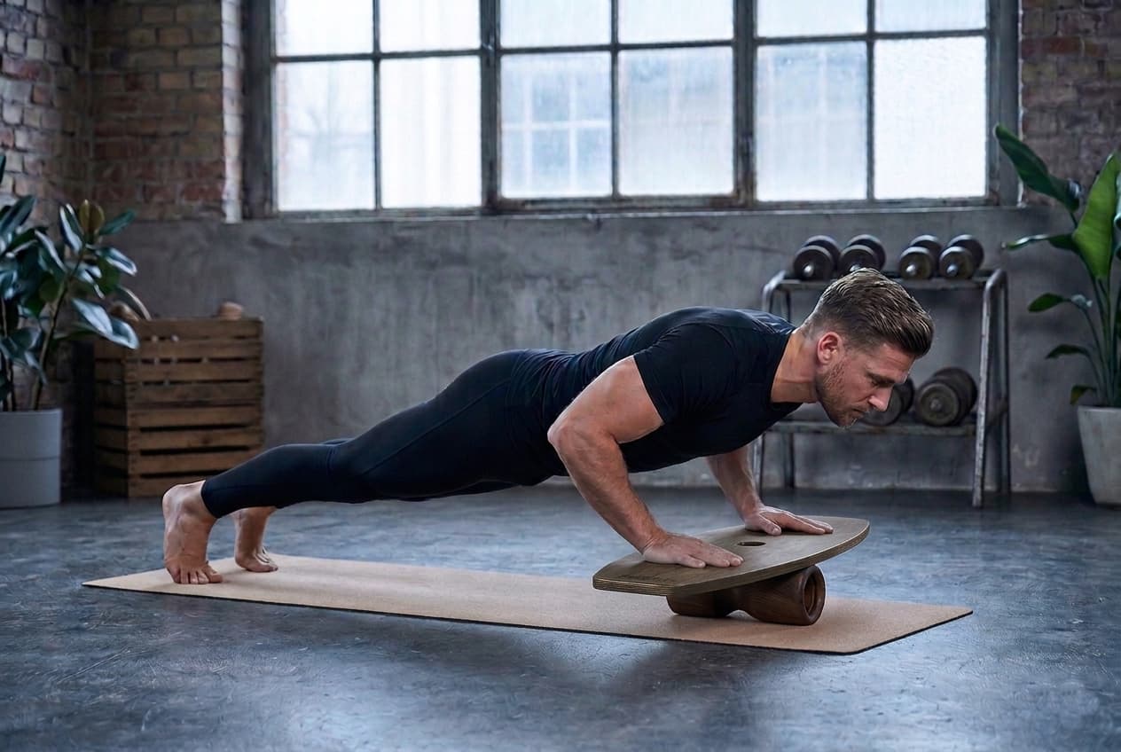 Ein Mann macht Liegestütze auf einem rollholz Balance-Board im Fitnessstudio. Das Board liegt für zusätzliche Instabilität auf einer Faszienrolle aus Holz.