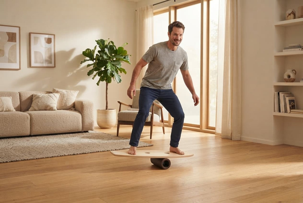 Mann trainiert auf einem rollholz Balance Board auf einer Holzrolle in einem gemütlichen Wohnzimmer.
