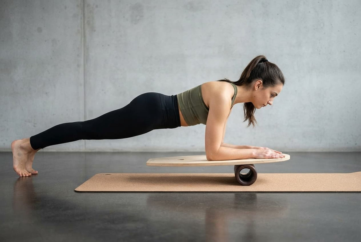 Frau im Plank mit den Unterarmen auf dem rollholz Balance Board, darunter eine rollholz Pro