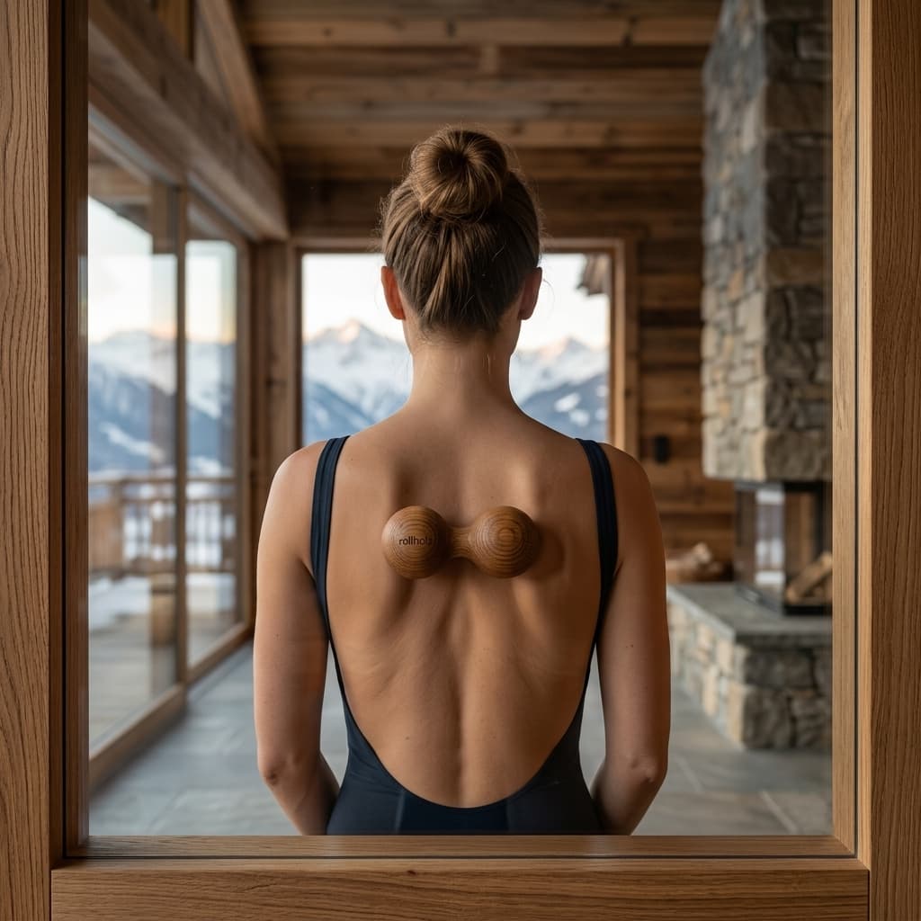 Frau nutzt eine Doppelkugel zur Selbstmassage des oberen Rückens entlang der Wirbelsäule in einem hochwertigen Alpen-Spa mit Glaswand