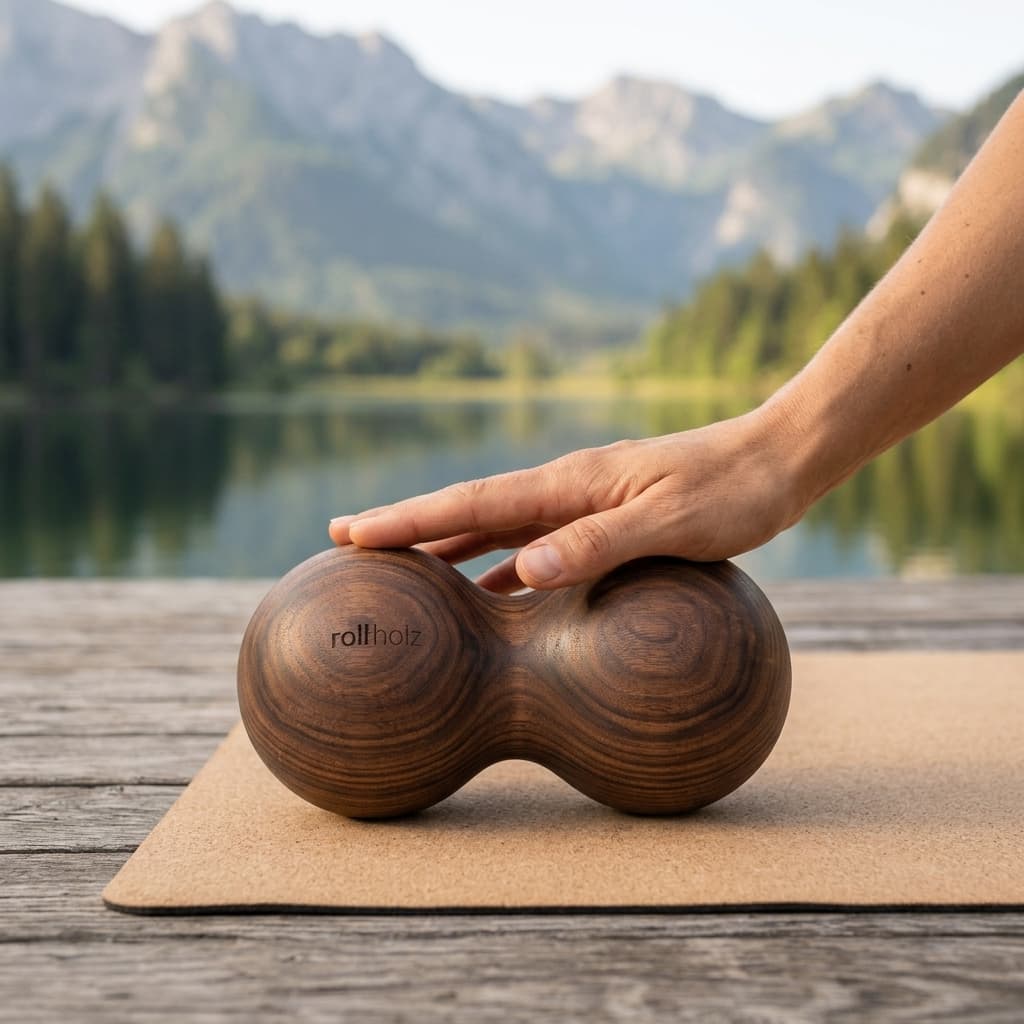 Hand streicht über die hochwertige Holzoberfläche der rollholz Doppelkugel XL auf einer Korkmatte mit Blick auf einen Allgäuer Bergsee.