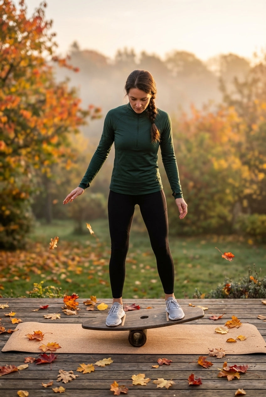 Frau balanciert im Herbst auf dem rollholz Balance Board aus Holz auf einer Terrasse mit buntem Laub