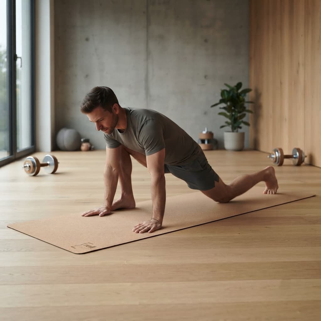 Mann mobilisiert seine Hüfte auf einer Kork-Yogamatte mit tiefem Ausfallschritt.