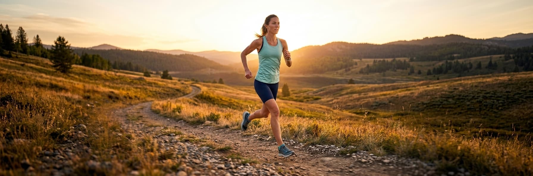 Eine Läuferin beim Trailrunning auf einem hügeligen Naturpfad während des goldenen Sonnenaufgangs in einer Berglandschaft.
