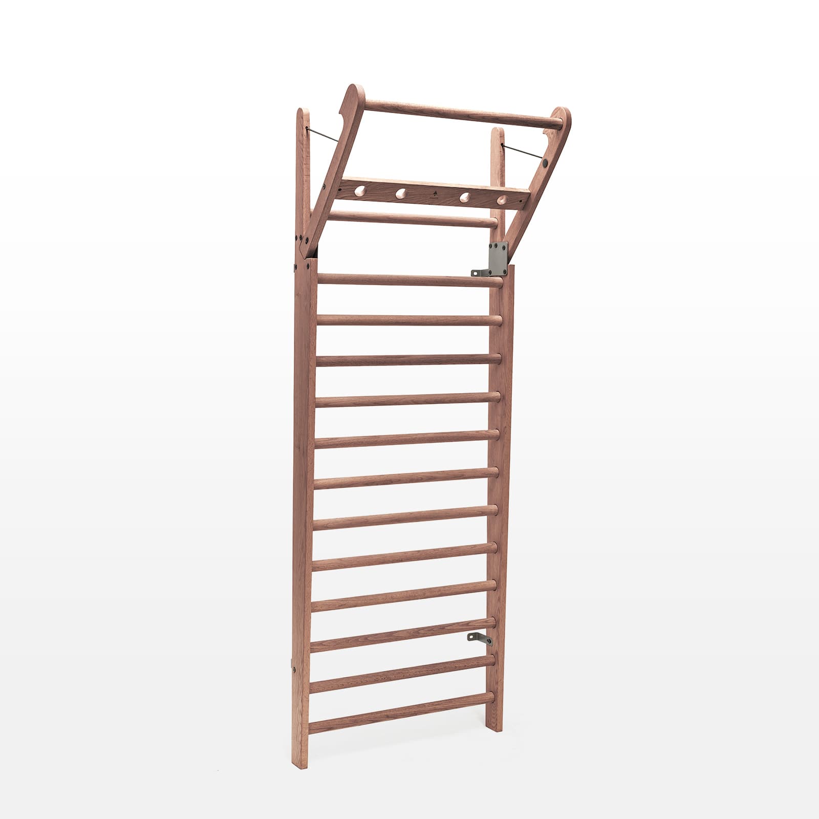 #Variante_Vintage Freigestellte NOHRD WallBar Sprossenwand aus Eichenholz im Vintage-Look mit ausklappbarem Funktionsarm.
