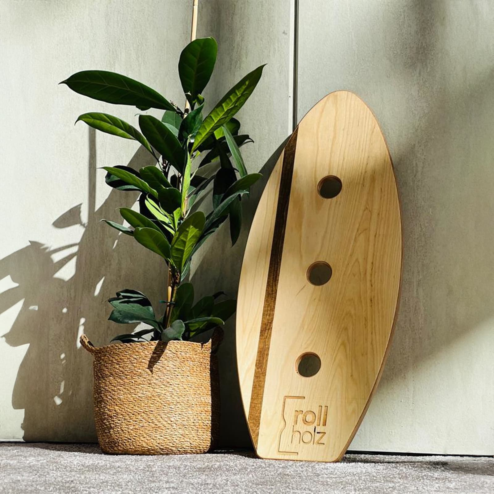 A large rollholz balance board in light wood with a branded logo leaning against a minimalist exposed concrete wall next to a green houseplant in a basket.