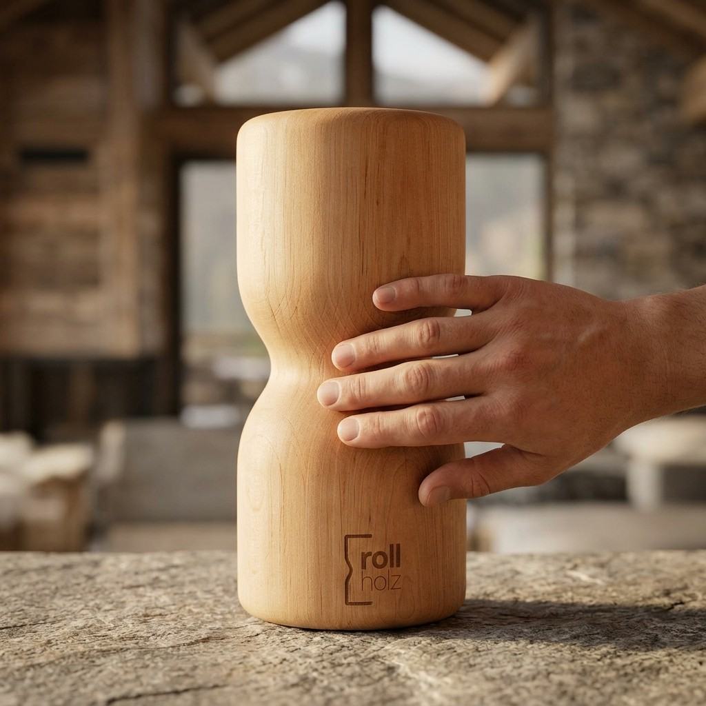 Hand holding the rollholz wooden fascia roller at the grip hollow, sanded wood surface with engraved rollholz logo
