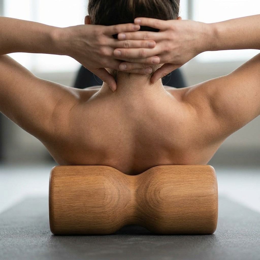 Person lying with the upper back on the rollholz wooden fascia roller, massaging shoulder area and neck on the mat