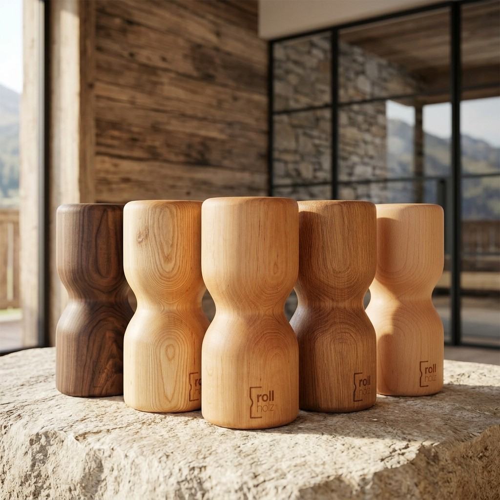 Five rollholz fascia rollers in beech, oak, alder, ash and walnut side by side on a stone table in a mountain lodge