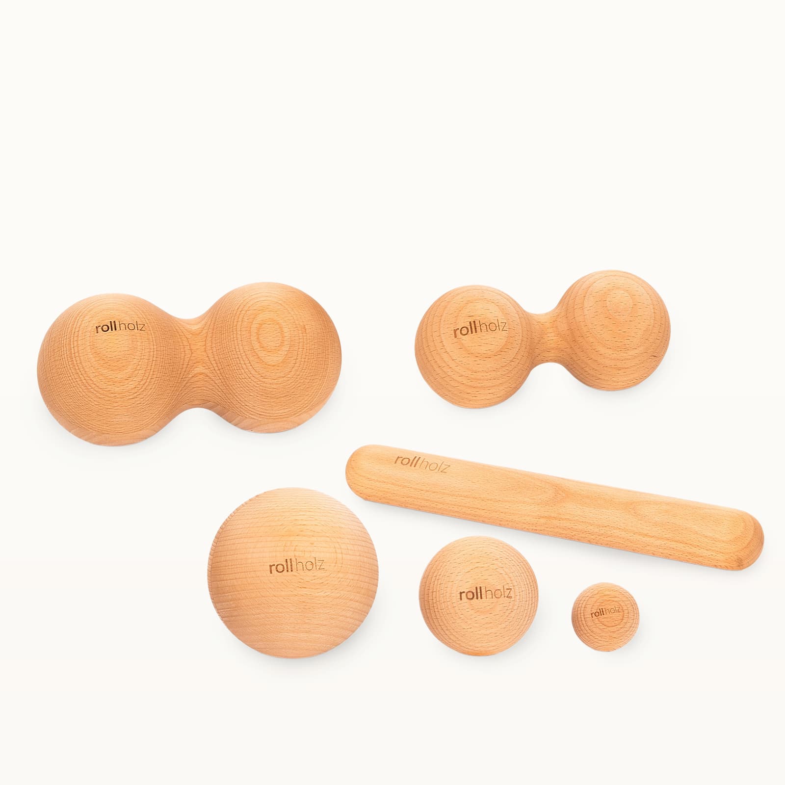 #Holz_Buche Freigestelltes rollholz Faszien-Set aus Buchenholz, komplettes Set für die Triggerpunktbehandlung und Faszienmassage.