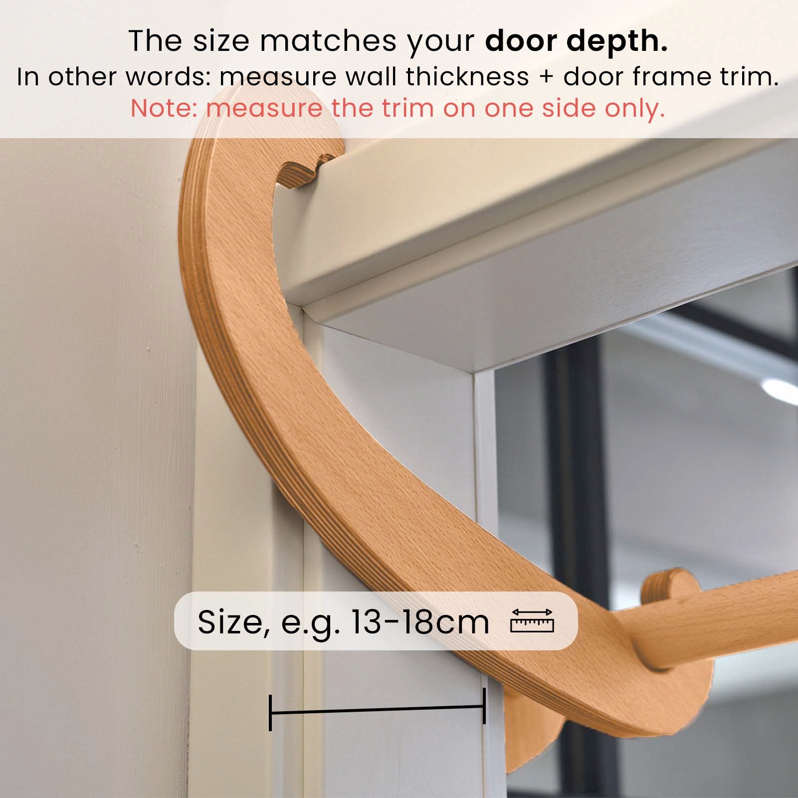 Infographie de la barre de traction rollholz avec un guide illustré pour mesurer la profondeur de la porte (épaisseur du mur et chambranle) afin de choisir la bonne taille.