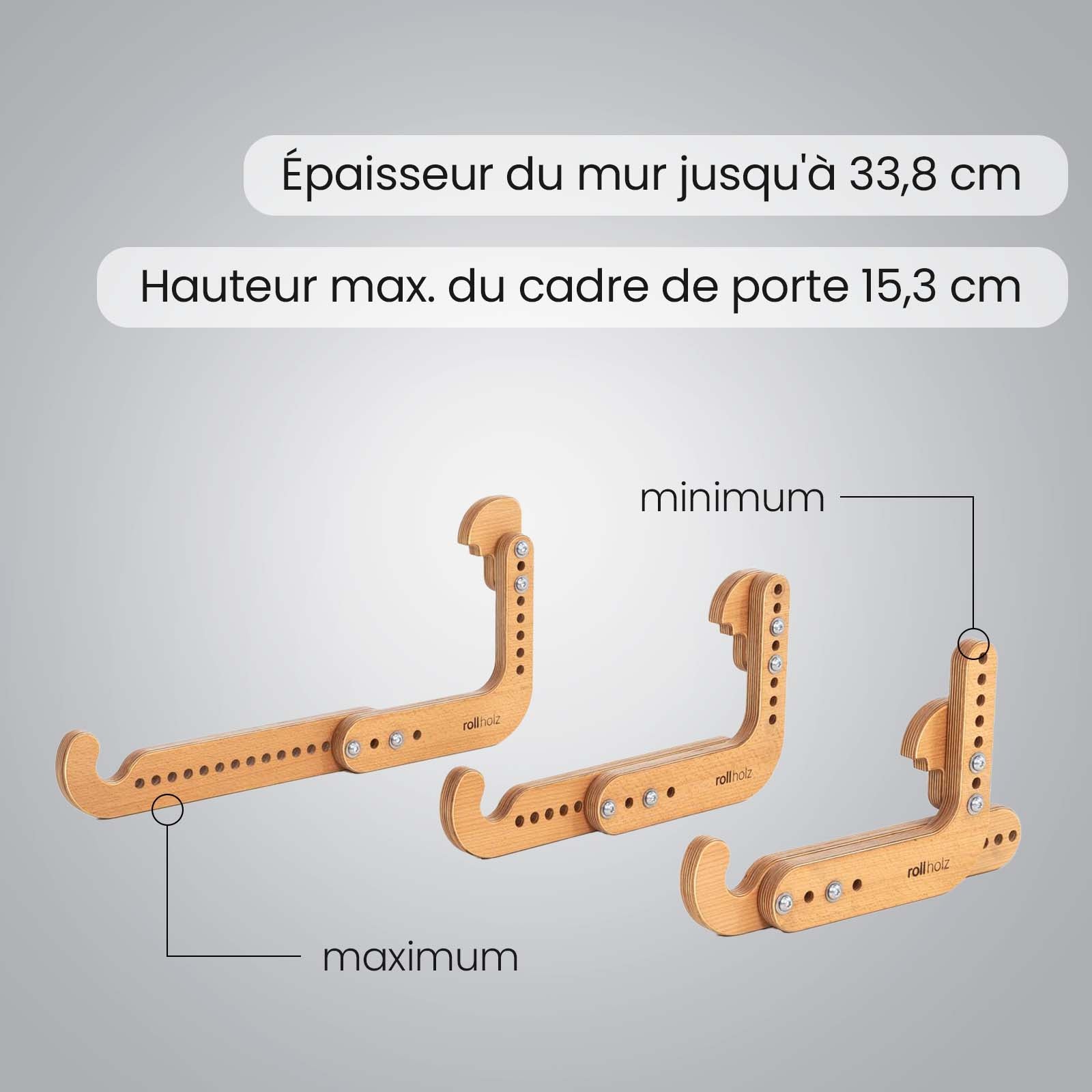 Supports réglables pour barre de traction sur cadre de porte, adaptés aux murs jusqu’à 33,8 cm d’épaisseur et aux cadres jusqu’à 15,3 cm de hauteur.