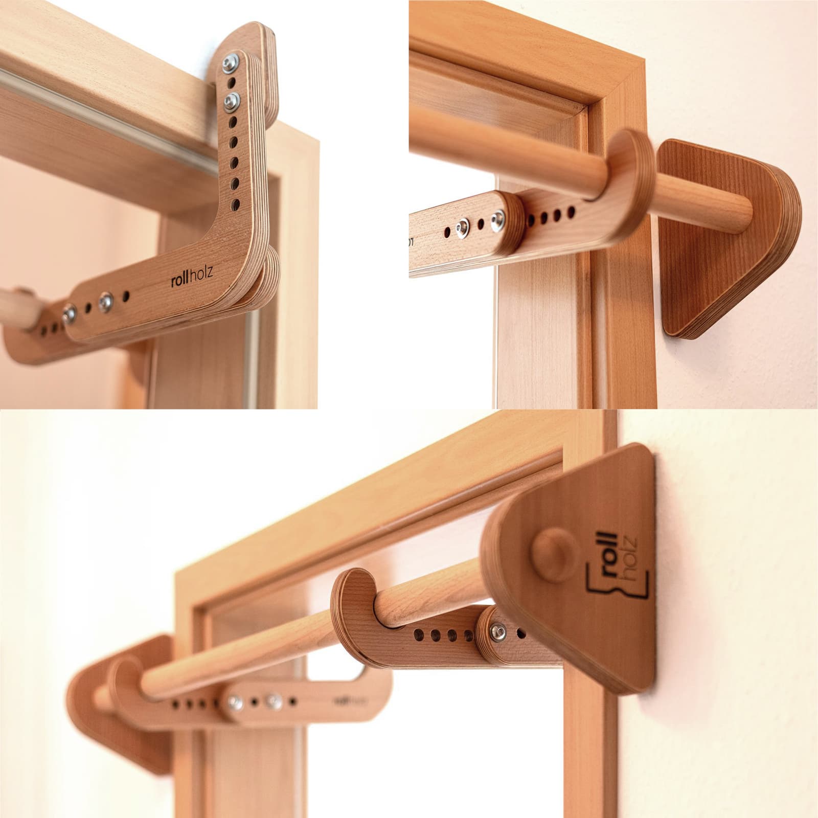 Dreiteilige Produkt-Collage der rollholz Klimmzugstange aus Holz, die die Funktionsweise und verschiedenen Perspektiven der anpassbaren Holzhaken zur schraubenlosen Einhängung im Türrahmen zeigt.