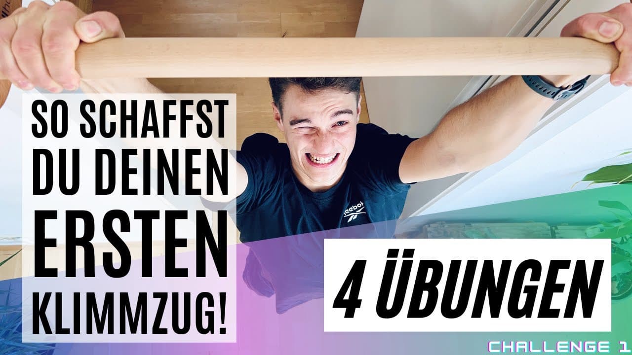 Vorschaubild für ein Trainingsvideo an der rollholz Klimmzugstange mit der Aufschrift „So schaffst du deinen ersten Klimmzug!“ und einem jungen Mann in der Aufwärtsbewegung.