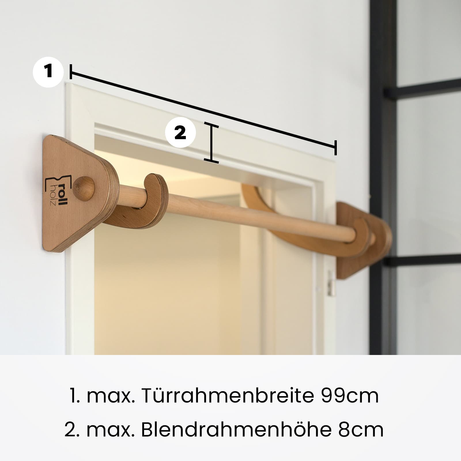 Erklärung welche Türrahmenbreite und Blendrahmenhöhe für die rollholz Klimmzugstange wichtig ist. 
