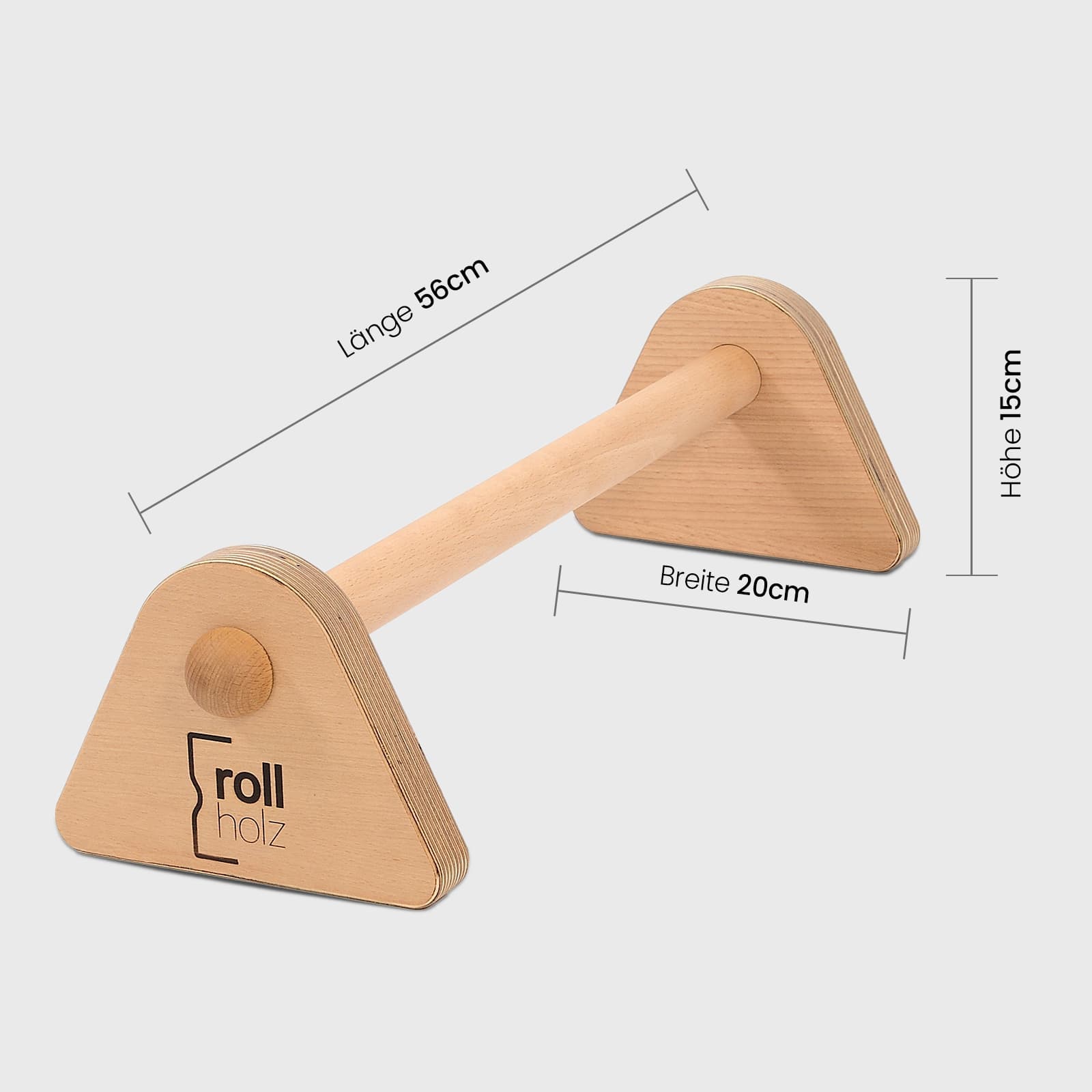 Eine Infografik der rollholz Minibarren aus hellem Holz auf grauem Hintergrund mit den exakten Maßangaben: Länge 56cm, Breite 20cm und Höhe 15cm.