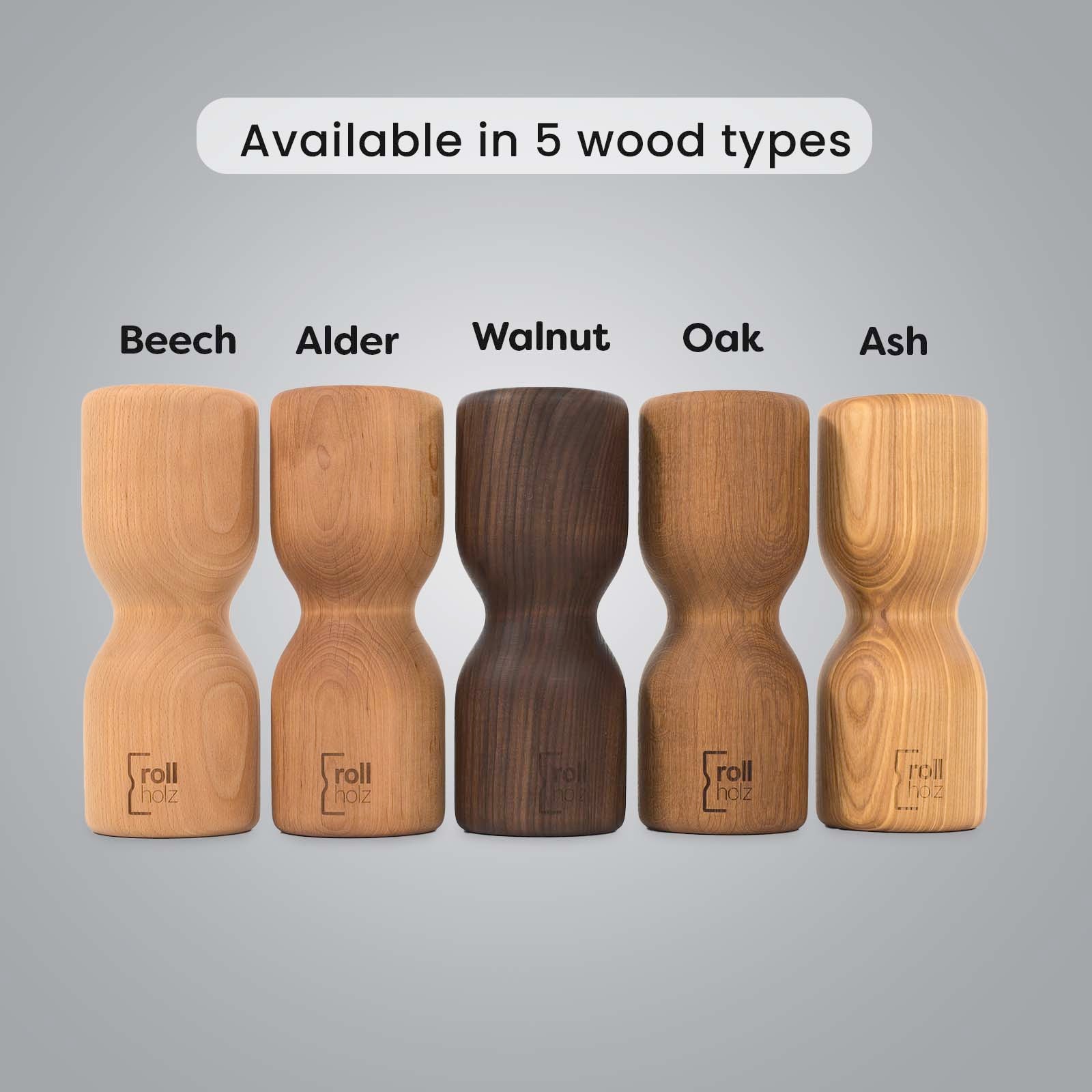 rollholz Pro fascia roller available in five wood types: beech, alder, walnut, oak and ash.