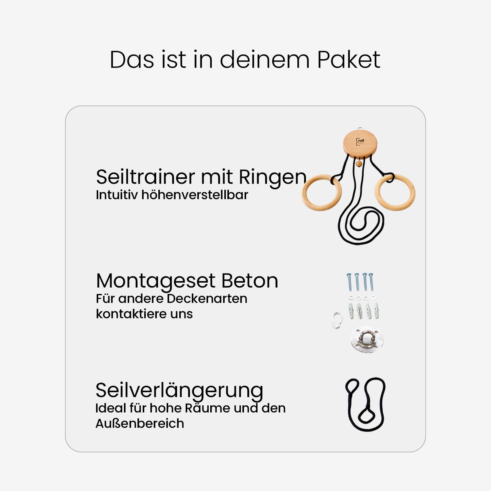 Produkt-Infografik zum Lieferumfang des rollholz Schlingentrainers mit Bezeichnungen für Seiltrainer mit Ringen, Montageset für Beton und Seilverlängerung auf hellgrauem Hintergrund.