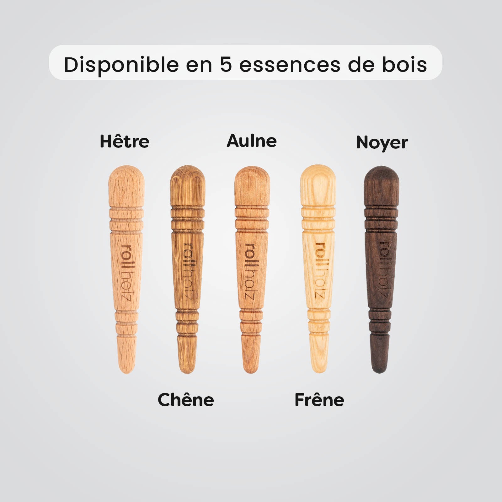 Outil de trigger points rollholz en bois disponible en cinq essences : hêtre, chêne, aulne, frêne et noyer.